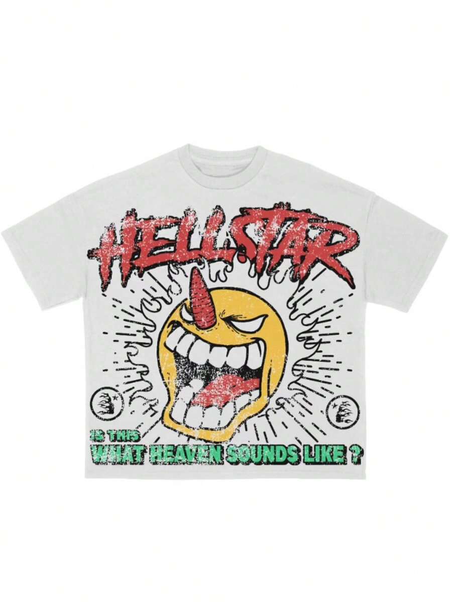 Y2K HELLSTARs "Is This What Heaven Sounds Like?" Red Graffiti Typography With Horned  Print Graphic Tee,Casual Print,Comfortable And Versatile,Pure Heavy 220g 100% Cotton Printed T-Shirt,Unisex Style,1 Pcs - 白色 - 查看 1