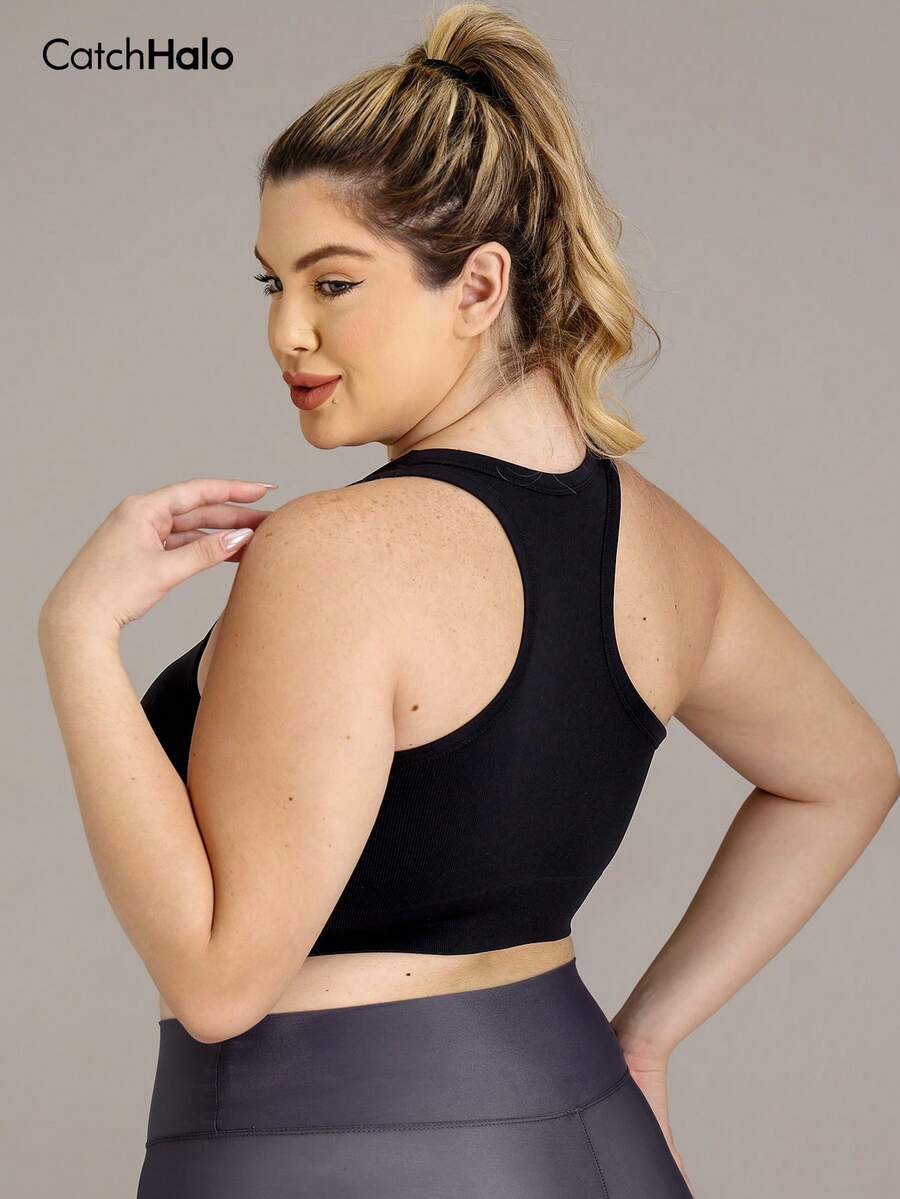 Plus Size Women's Black Short Racing Tank Top, Seamless Wide Strap Round Neck, Fitness Yoga Sports Summer Style - Black - View 1