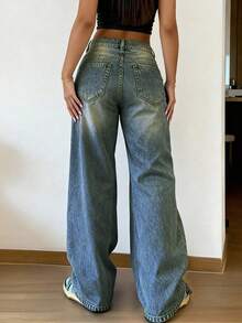 Women's Vintage Loose Stacked Straight Leg Jeans Casual Spring - Navy Blue - View 2