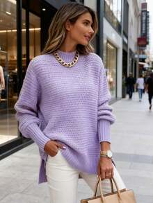 Solid Side Slit Knit Sweater, Casual Long Sleeve Crew Neck Top For Fall & Winter, Women's Plus Size Clothing    Solid Color Stand Neck Pullover Sweater, Elegant Side Split Long Sleeve Knitted Sweater For Fall & Winter, Women's Clothing     Women's Knitted Sweaters Slit Hem Long Sleeve Round Neck Ribbed Loose Fall Pullovers     Ropa De Invierno Mujer     Women's Sweater  Long Sleeve Tops Women - 紫色 - 查看 3