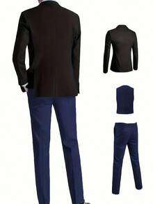 Men's Stylish And Elegant 3-Piece Suit, Jacket + Vest + Pants, Business Dress, Suitable For Weddings, Parties And Formal Occasions - 藏蓝色 - 查看 3