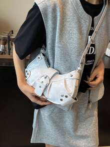 1pc Women's Retro Moto Punk Rivet Decor Adjustable Strap Large Capacity Soft Faux Oiled Leather Ombre Shoulder/Underarm Bag, Suitable For Work, Commute, Date, Party - White - View 4