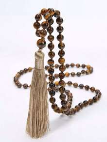 6mm 108 Mala Beaded Necklace Natural Tiger Eye Stone Knotted Necklace Tassels Long Chain Men Women Meditation Jewelry Bohemia Style - 棕色 - 查看 7