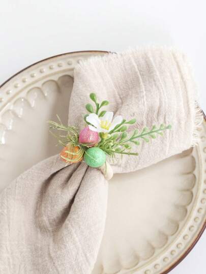 4/6Pcs Easter Napkin Rings With Fake Eggs And Artificial Flower, Pastoral Style Festival Home Decoration, Table Decoration For Dinner , Party