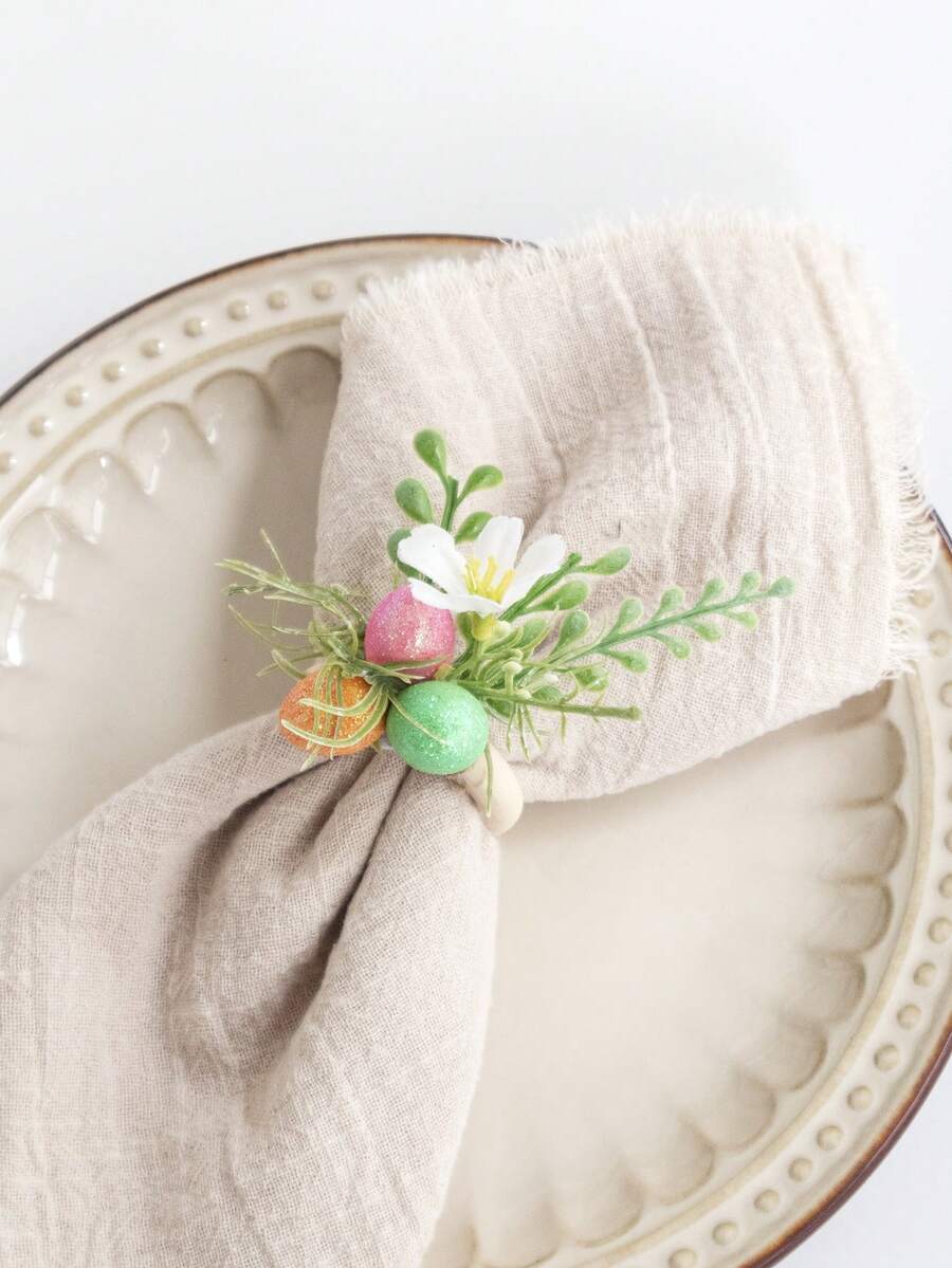 4/6Pcs Easter Napkin Rings With Fake Eggs And Artificial Flower, Pastoral Style Festival Home Decoration, Table Decoration For Dinner , Party - Multicolor - View 1