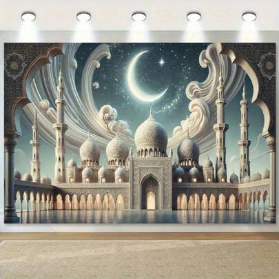 伊斯兰清真寺夜景挂毯 - 蓝色清真寺与月亮图案，斋月和开斋节装饰，涤纶面料，适合伊斯兰家居装饰、开斋节派对背景，无需用电，也可用于圣诞节、万圣节、新年等节日背景（米色/蓝色/白色），节日图案，易于悬挂，高品质印刷，装饰横幅，文化庆典活动，斋月家居装饰