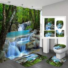 1/4 Piece Beautiful Waterfall Shower Curtain Set, Bathroom Curtains, Deep Forest Shower Curtain, Waterproof Shower Curtain, Bathroom Rug, U-Shaped Toilet Mat, Toilet Seat Cover - A - View 3