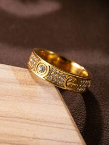 1枚18K镀金不锈钢微镶星空十字戒指，经典欧美时尚个性戒指，男女皆宜 - 彩色 - 查看 3