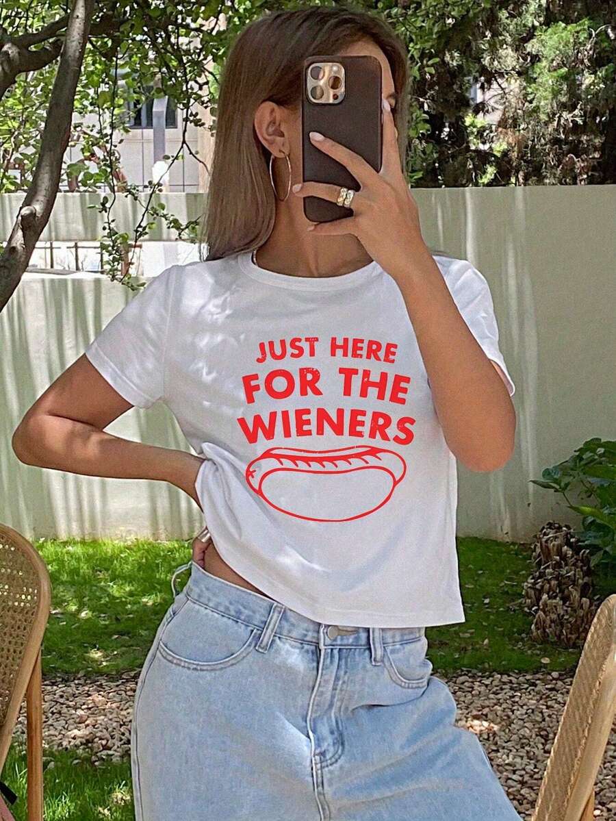 Ladies' T-Shirts Ladies' Crop Top T-Shirts Pure Material Juneteenth Independence Day Gifts-Funny 'Just Here For The Wieners' Graphic Tee - Casual Crop Top With Bold Red Print, Perfect For Food Lovers And Summer Outfits - 白色 - 查看 1
