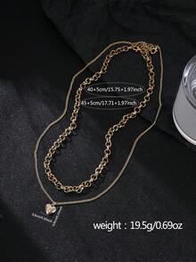 2件套时尚百搭双层铜质O形链和条形链项链套装，配立方氧化锆心形吊坠，适合海滩和度假配饰 - 金黃色 - 查看 5