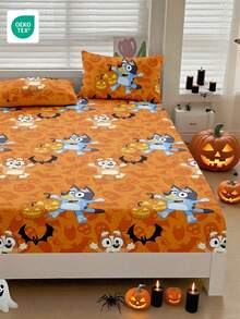 Bluey Halloween Digital Print Bedsheet,  Bedding, Mattress Protector, Bed Cover, Fitted Sheet, Comfortable Home Textile, Breathable Anti-Pilling Mattress Protector, Soft & Skin-Friendly, Pumpkin Lantern  Pattern, Cartoon Pattern Bed Cover,  Home Decor, Soft & Comfortable Bedroom Bedding - Multicolor - View 9