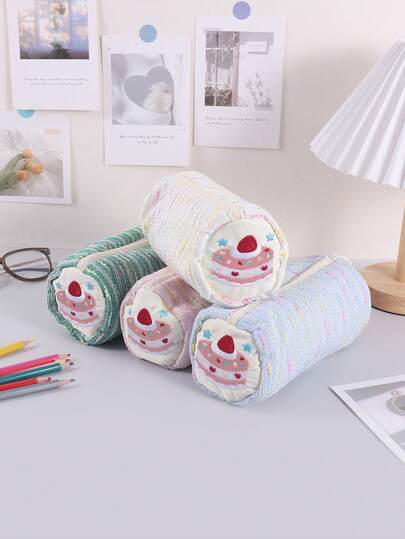 1PC Strawberry Cake Pattern Cylindrical Pencil Case, Exquisite Desktop Decoration, For Storing School Supplies And Office Supplies, Back-To-School Essential Stationery