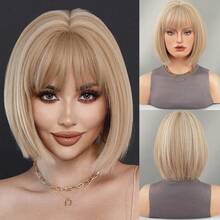 7JHH WIGS Tóc giả bob màu vàng nhạt 12 inch dành cho nữ - Tóc giả ngắn thẳng, kín đáo, thời trang với mái bằng, điểm xuyết highlight màu be, chất liệu tổng hợp cao cấp, mềm mượt, chịu nhiệt, thích hợp sử dụng hàng ngày, trong các lễ hội âm nhạc, các buổi tiệc và phong cách đường phố, phụ kiện tóc giả dự tiệc. - Vàng lanh - Xem 13