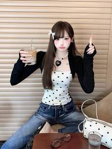 Sexy Polka Dot Print 2 In 1 Long Sleeve Cropped Camisole Knit Top For Women - Black - View 1