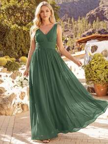EVERPRETTY Elegant Chiffon V Neck Sleeveless Ruched Maxi Formal Olive Green Bridesmaid Dress For Wedding Graduation Spring Summer Wedding Guest Dresses - Olive Green - View 5