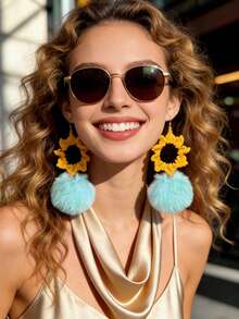 Handmade Crochet Sunflower Pom-Pom Earrings Boho Chic Statement Accessories For Festivals & Everyday Style - Mint Green - View 4