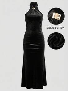2026 Autumn New Backless Elegant Metal Buckle Dress With Metal Decor Halter Fishtail Hem, Black, Suitable For Women's Birthday, Vacation, Streetwear, Elegant Dress, Concert Dress, Beach Dress, Summer Dress, Party Dress, Wedding Guest Dress Spring - Black - View 8