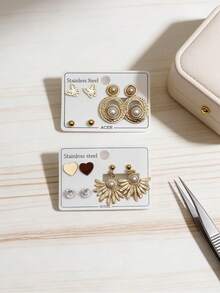 5款金色不锈钢耳环套装，珍珠和花卉设计（随机款式，3对、6对、9对） - 彩色 - 查看 3
