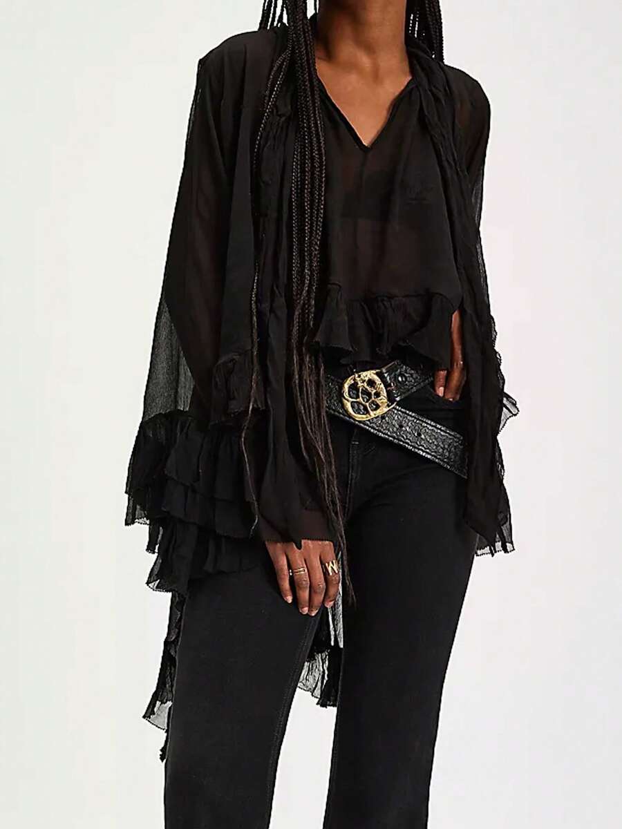 Women Y2K Long Bell Sleeve Frill Top V Neck See Through Sheer Mesh Blouse High Low Hem Ruffled Flowy Tops Loose Fit Poncho Capes Tops Going Out - 黑色 - 查看 1