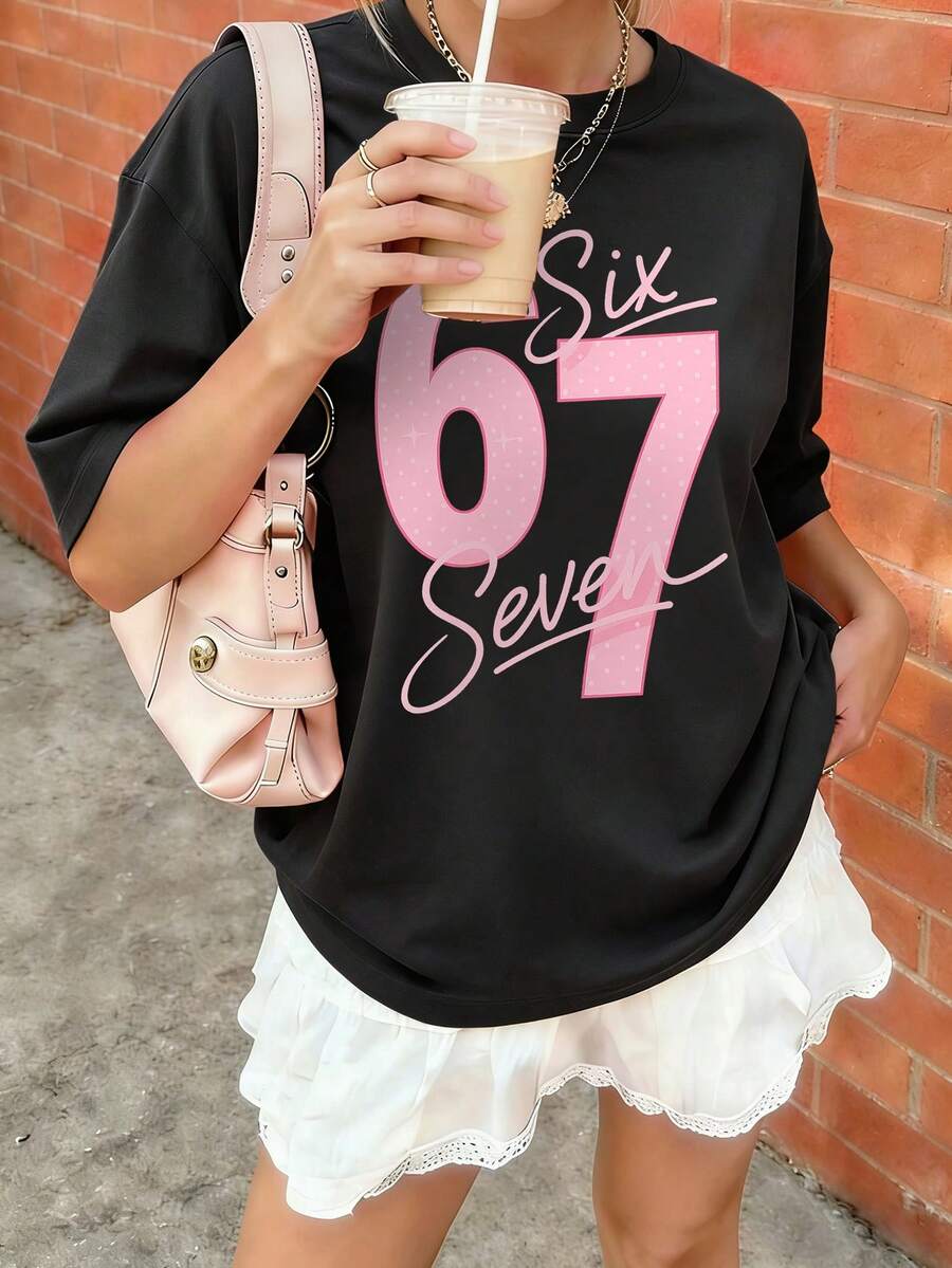 女童及青少年学生休闲粉色印花圆领短袖T恤，夏季上衣 - 黑色 - 查看 1