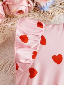 Young Girls' Casual Heart Print Dress, Ruffled Cap Sleeve A-Line Dress, Suitable For Casual, Tea Party, Vacation, Fresh And Youthful Pink Heart Print Dress - Red - View 4