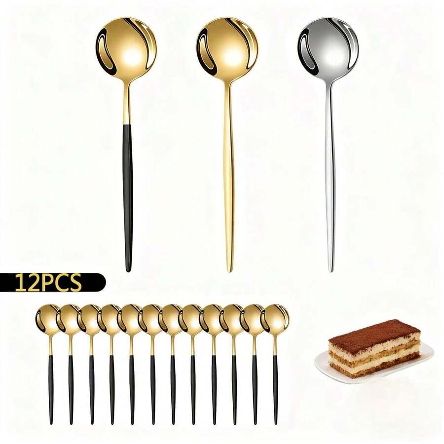 12支装不锈钢迷你咖啡勺 - 金色镜面甜点勺，可放入洗碗机清洗，适用于甜点、搅拌、冰淇淋、调味等，非常适合家庭、下午茶、聚会和餐厅使用。 - - - 查看 1