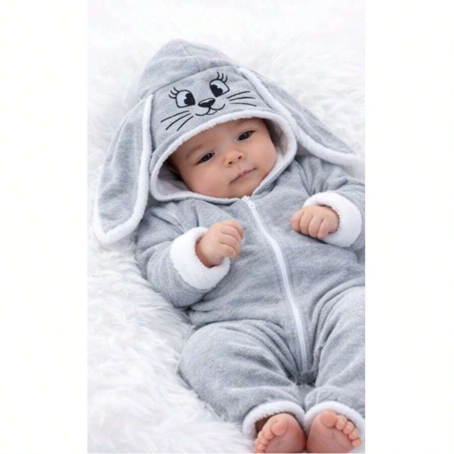 Vest Baby Layettes Unisex Baby With Embroidered Bunny Hood, One Size, Fun - Grey - View 1