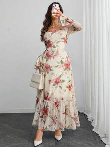 Women's Elegant Sexy Modern Luxurious Long Sleeve Y2K Romantic Ruffle Double Layer Printed Dress - Multicolor - View 1