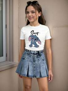Conjunto de blusa de manga corta con estampado de dibujos animados y falda de mezclilla para niña adolescente - Blanco - Ver 1