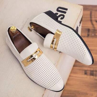 PU Men's Formal Loafers, Perforated Design With Gold Accents, Hollow Out Breathable Summer Shoes