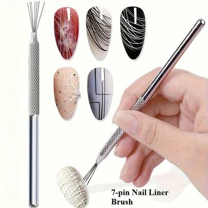 LUSLUKING 1/5pcs 7-Prong Multi-Function Nail Art Pen, Stripe Line Nail Art Pen, Stainless Steel Handle Bendable Tip, Ultra-Fine Line Nail Art Brush, Nail Art Line Drawing Tool - Essential For Nail Salons And Nail Artists