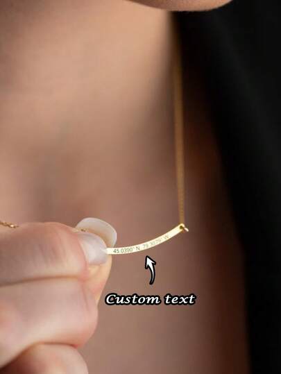 1PC Custom Personalized Exquisite Curved Bar Necklace, Custom Bar Necklace, Name Necklace Personalization, Customizable Name Coordinate Bar Necklace, Couple Necklace, Minimalist Necklace, Women's Necklace, Valentine's Day Gift, Mother's Day Custom Date Necklace For Mom, Suitable For Daily Wear And Holiday Gifting, Ramadan Personalized Gift