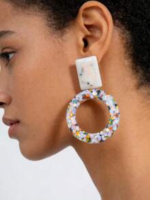 1 pereche de cercei asiatici/coreeni cu paiete delicate, asimetrici, texturați, colorați, geometrici, retro și chic (culoarea, modelul și distribuția paietelor sunt aleatorii, în funcție de articolul real) - Multicolor - Vizualizare 2