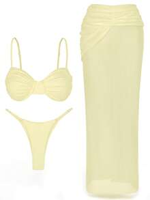 Ensemble de 3 pièces Maillot de bain Bikini unicolore Sexy Balconnet Bikini Jupe mi-longue 2026 Femmes Été Bord de mer Vacances Tenue de bain Maillot de bain Tenue de vacances - Jaune clair - Voir 6