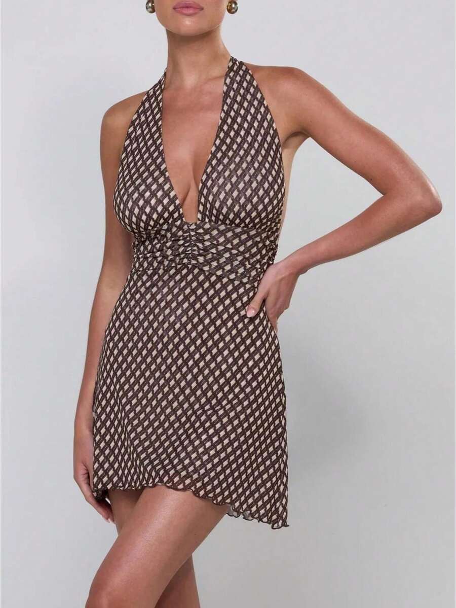 Women's Y2K Polka Dot Halter Neck Mini Dress Backless Ruched Tie Back Ruffle Hem Going Out Party Dress - Brown - View 1