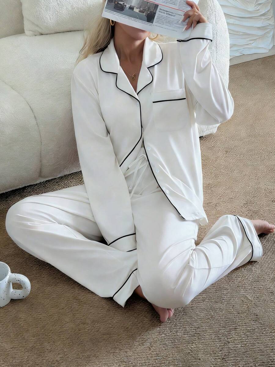 Nina Bonheur 两件套女士翻领长袖睡衣套装 - 舒适休闲睡衣和家居服