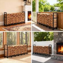 Estante de madera de metal de 8 pies, estante ajustable para madera de fuego con 2 anillos de bloqueo, soporte para troncos interiores y exteriores, soporte de leña resistente, soporta hasta - Negro - Ver 6