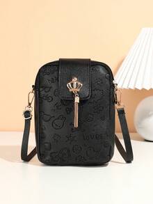 1 pieza Bolso vertical para teléfono con patrón en relieve lindo para niñas, bolso bandolera con colgante de borla con corona, regalo ideal - Multicolor - Ver 7