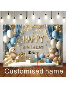 1pc Customizable Happy Birthday Background Cloth, Cute Bear, Blue & White Balloons, Gold Glitter Stars Design, Personalized Birthday Party Cake Table Backdrop, Vinyl Photography Banner - D - View 2