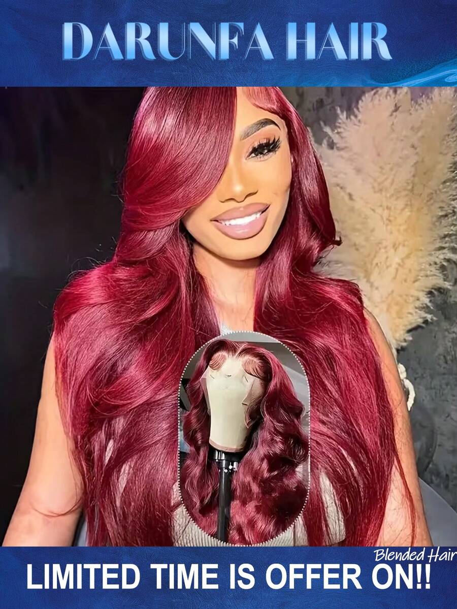 34 Inch #99J Burgundy Lace Front Wigs Blended Human Hair 13x4 HD Transparent Body Wave Lace Front Wigs Human Hair Pre Plucked Human Hair Wigs For Women - SBUG - View 1