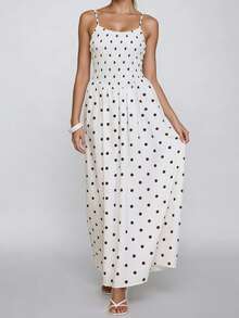 Mujer Vestido Largo Maxi De Lunares Con Tirantes Finos Cuello Corazón Espalda Descubierta Para Verano Casual - 白色 - 查看 2