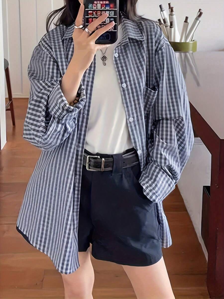 Áo sơ mi kẻ caro cổ điển dành cho nữ, áo khoác chống nắng nhẹ mùa hè, áo kiểu tay dài thiết kế độc đáo giúp thon gọn vóc dáng, thích hợp cho mùa xuân. - Màu xanh hải quân - Xem 1