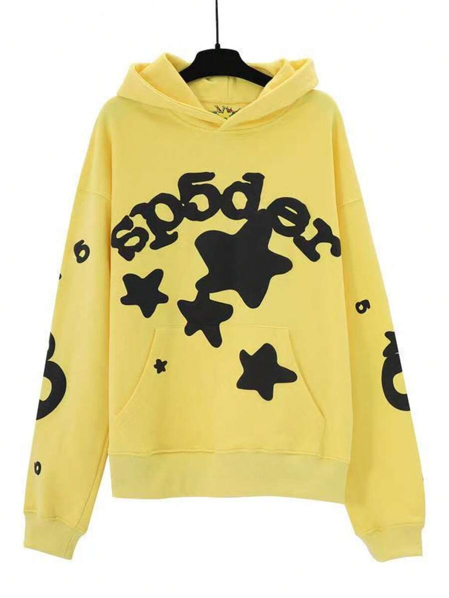 Star Printed Casual Hooded Long Sleeve Sweatshirt Graduation,Back To School,Graduation,Women's Teacher Outfits,Back To School Outfits - Yellow - View 1