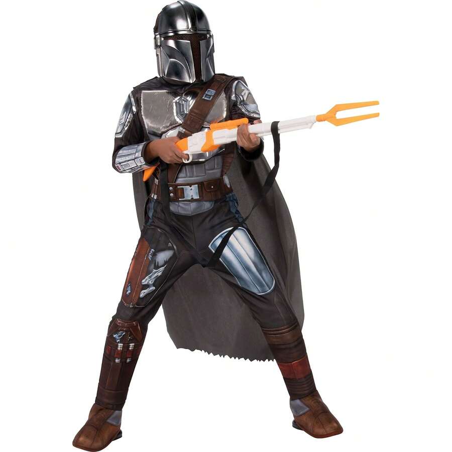 KIWI Costume de cosplay classique du Mandalorien (Star Wars), combinaison grise et marron avec armure et cape argentées imprimées, idéal pour le carnaval et les fêtes à thème galactique - Multicolore - Voir 1