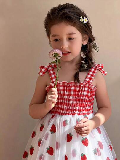 Vestido sin mangas de malla y tul con volantes a cuadros rojos y blancos para niñas pequeñas, combinado con un estampado de fresa - Vestido de verano de ajuste regular para uso diario y actividades al aire libre, un vestido adorable y con un estilo de moda joven y vibrante