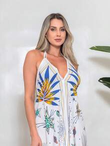 KIARA BRAZIL Women's White Printed Halter Neck Long Dress With Pointed Detail - GE00330 - 白色 - 查看 3