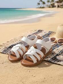 Weiße Spiral Design PU Leder Flache Sandalen für Kleinkinder, Kleine & Große Kinder, Retro Minimalistischer Einfarbiger Verschluss Mädchen Schuhe, Rutschfeste Gummi Laufsohle, Geeignet für Jungen & Mädchen im Alter von 3-16 Jahren, Frühling/Sommer 2026 Neuerscheinung - Weiss - Übersicht 2