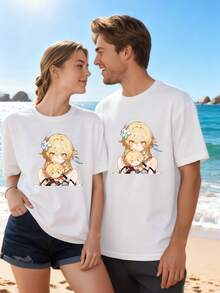 Cute Anime Girl Graphic T Shirt Unisex, Sweet Soft Illustration Tee, Daily Streetwear Pick For Anime Fans Who Love Cute Characters - 白色 - 查看 2