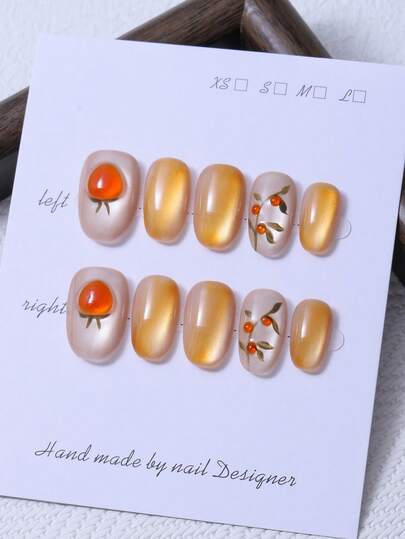 10pcs/Set Handmade Short Oval Nail Pieces In Y2K Orange Style & 3D Handcrafted Cherry Shaped Heart-Shaped Pinch And Pinch Design & Hand Painted Cherry Gradient Cat Eye Print Decoration For Nail Art Decoration. 1 Piece Of Jelly Gel And 1 Piece Of Nail File, Very Suitable For Daily Life As Well As Coachella Music Festival Party Outfits, Press On Nails And Nail Care Products.