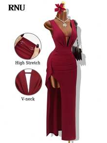 RNU Đầm dài màu đỏ tía cổ chữ V sâu gợi cảm dành cho nữ, thanh lịch và thoải mái với chất liệu co giãn, phù hợp cho các bữa tối trang trọng, tiệc sinh nhật, hộp đêm, năm mới, Giáng sinh, hẹn hò, tụ họp, hòa nhạc, mọi mùa. - Màu Đỏ Sâu - Xem 4